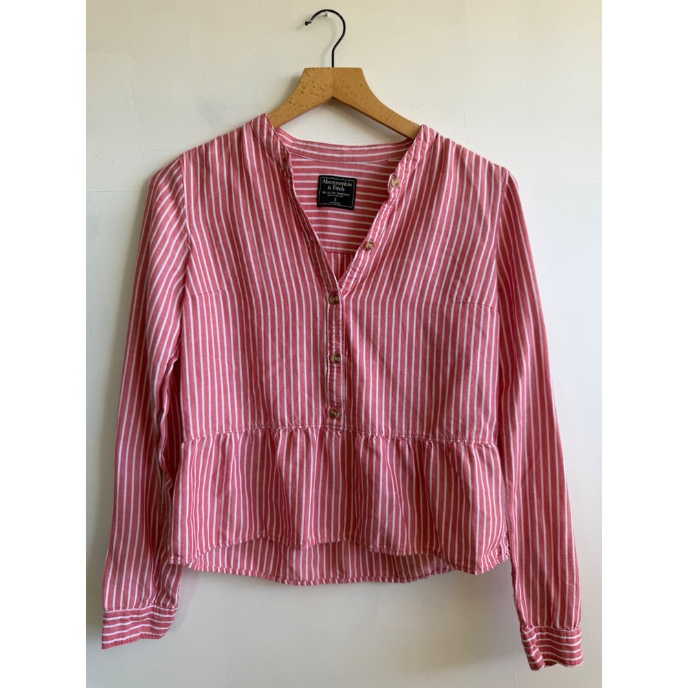 Abercrombie & Fitch Red White Striped Peplum Top Long Sleeve Button Front S